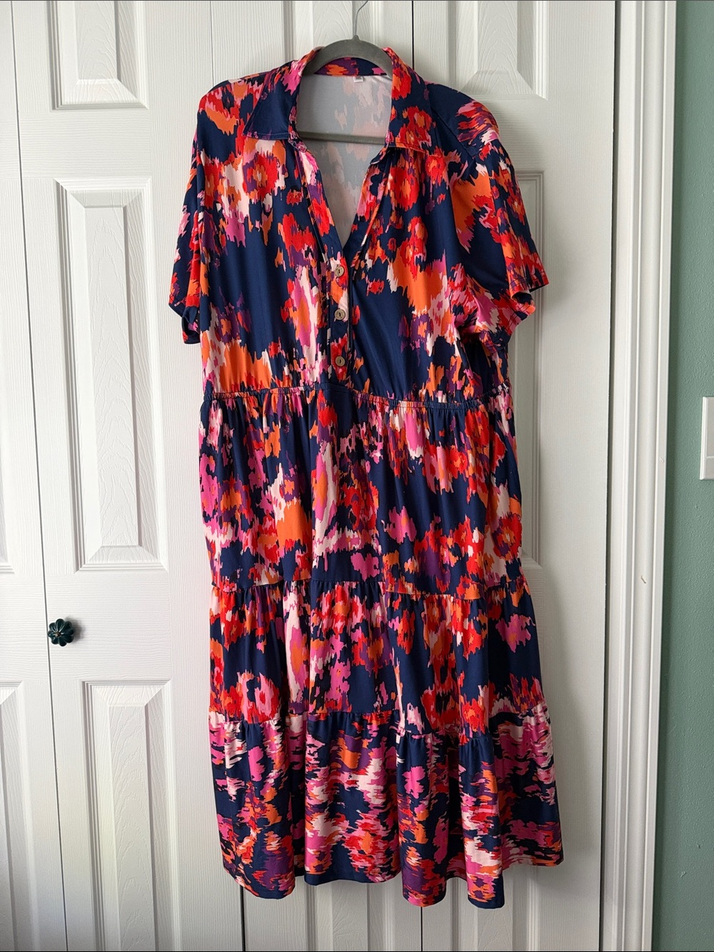 Floral Tiered Button-Front Midi Dress in Navy, Pink & Orange